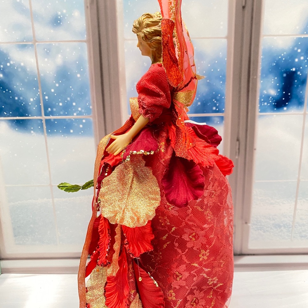 VTG 15” Red Petal Fairy Angel Tree Topper Layered Petal Gown, Glitter Wings - Picture 6 of 9